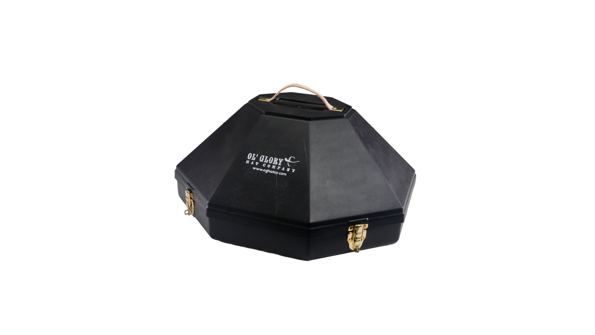 Black Octagonal Hat Box with Gold Accents for a cow boy hat rodeo king black felt hat size 7 1/4 hard plastic hat box main image 3